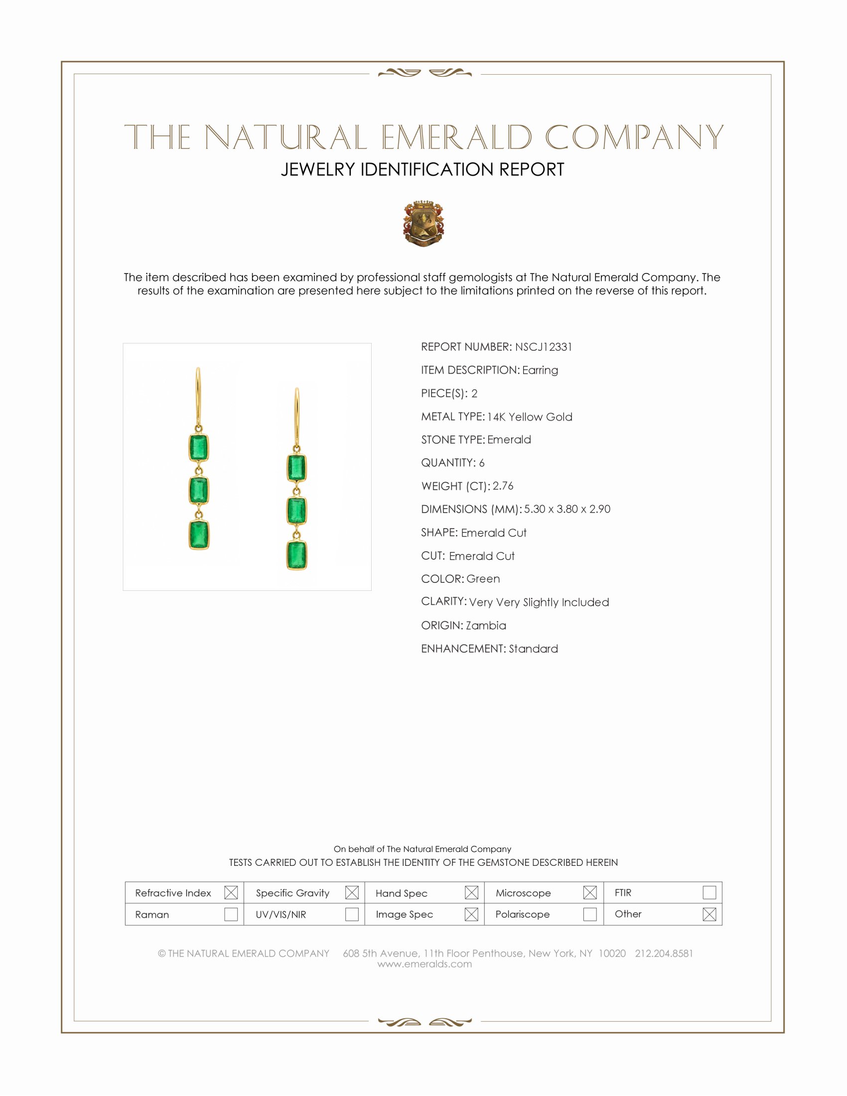 2.76 Ct.Tw. Emerald Bezel Earrings, 14K Yellow Gold