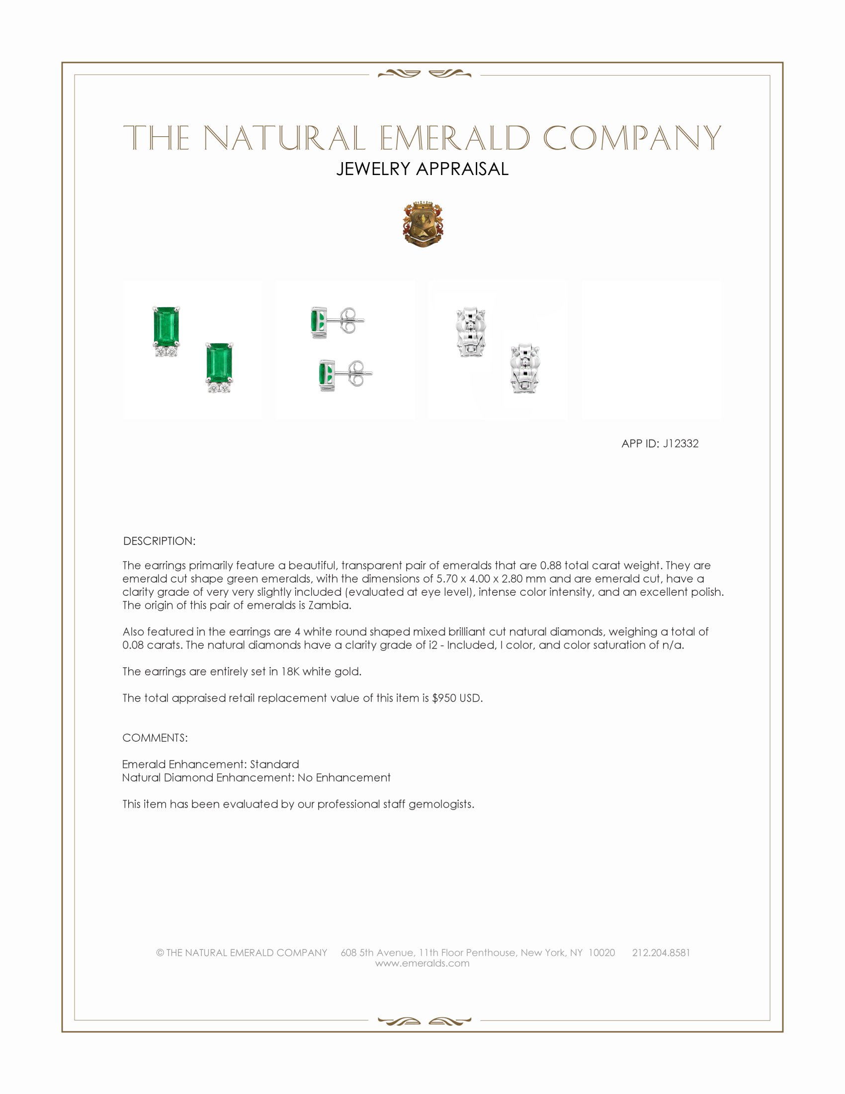 0.88 Ct.Tw. Emerald and Natural Diamond Studs Earrings, 18K White Gold