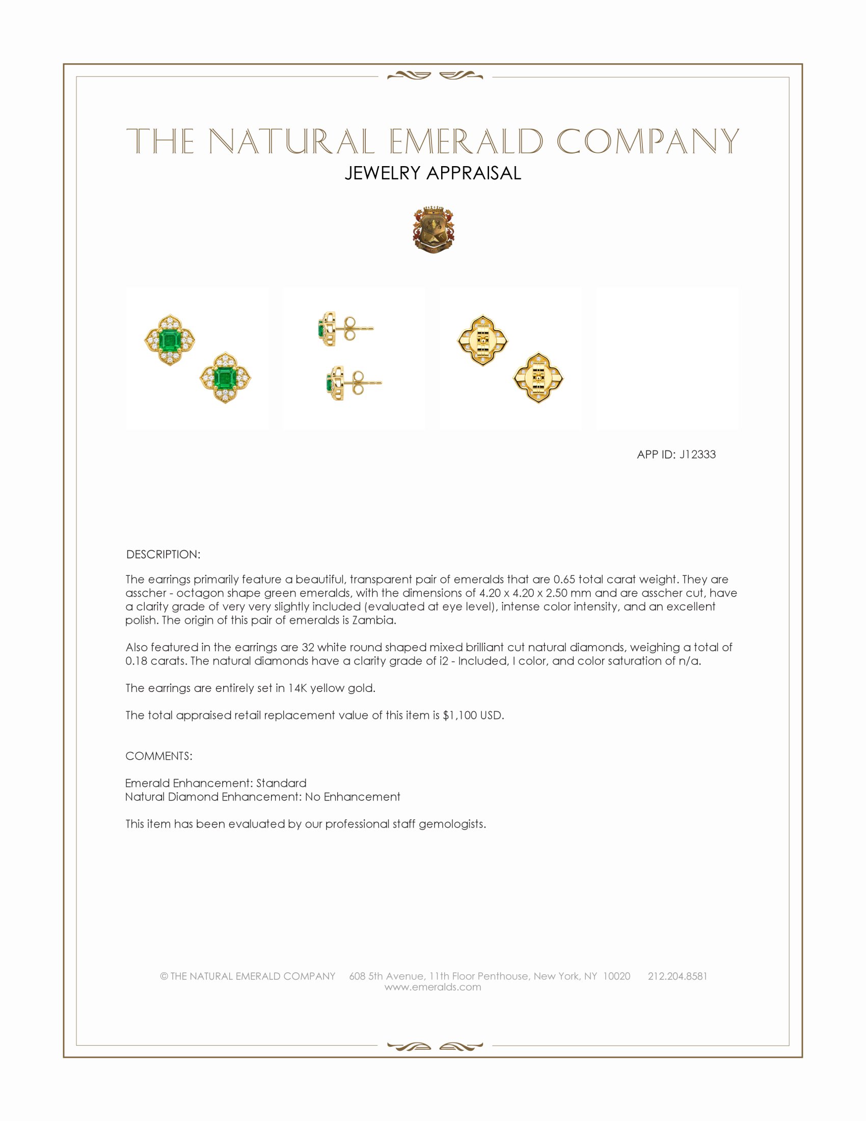 0.65 Ct.Tw. Emerald and Natural Diamond Studs Earrings, 14K Yellow Gold
