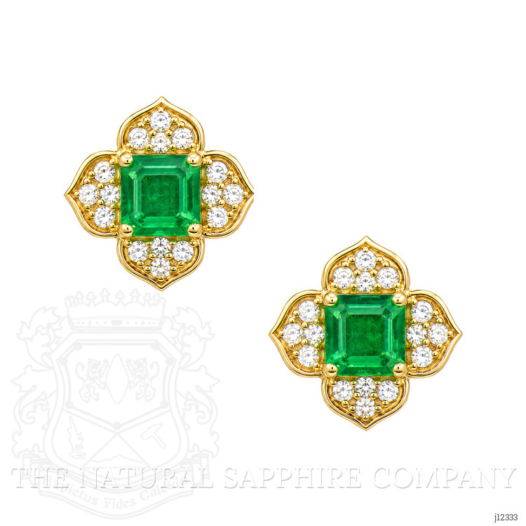 0.65 Ct.Tw. Emerald and Natural Diamond Studs Earrings, 14K Yellow Gold