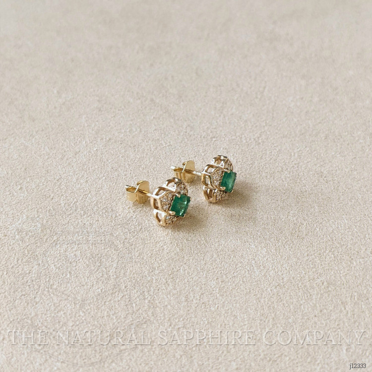 0.65 Ct.Tw. Emerald and Natural Diamond Studs Earrings, 14K Yellow Gold