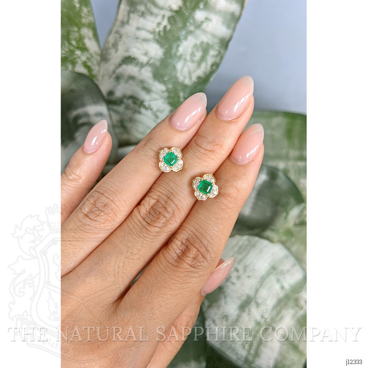 0.65 Ct.Tw. Emerald and Natural Diamond Studs Earrings, 14K Yellow Gold