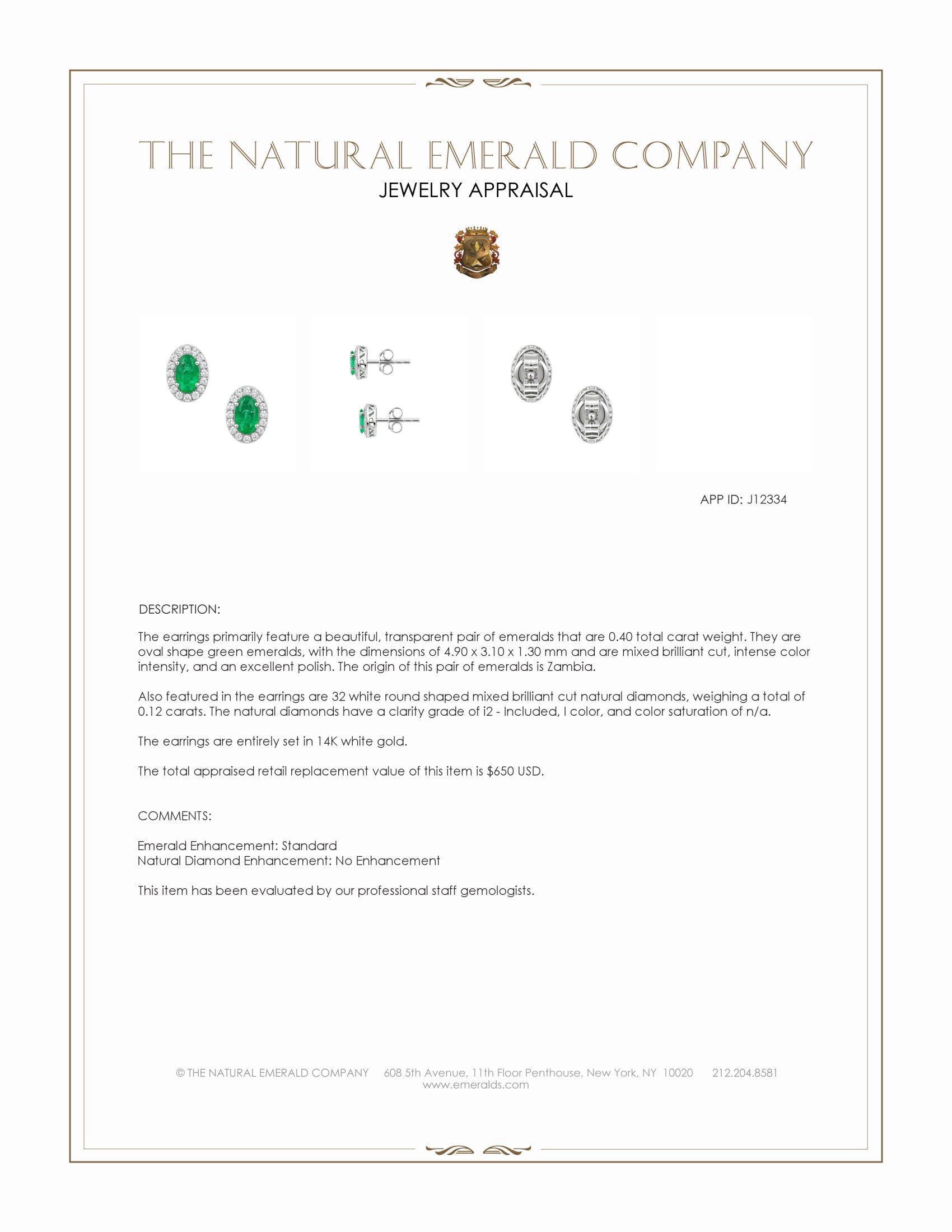 0.40 Ct.Tw. Emerald and Natural Diamond Studs Earrings, 14K White Gold