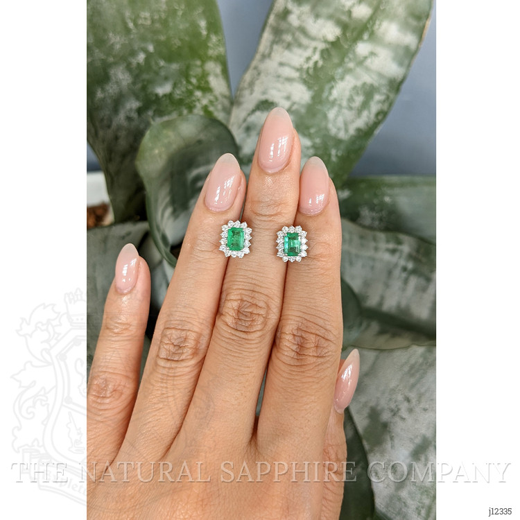 1.21 Ct.Tw. Emerald and Natural Diamond Studs Earrings, 14K White Gold