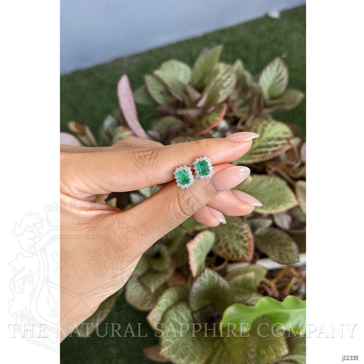 1.21 Ct.Tw. Emerald and Natural Diamond Studs Earrings, 14K White Gold