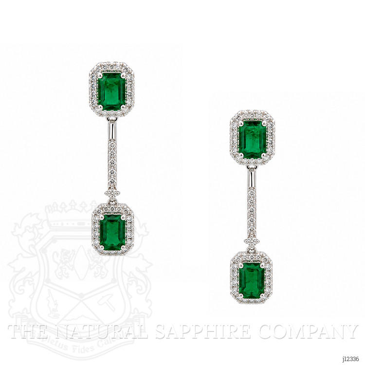 3.68 Ct.Tw. Emerald and Natural Diamond Pave Earrings, 14K White Gold