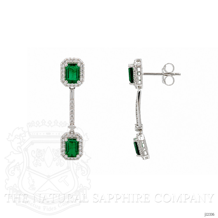 3.68 Ct.Tw. Emerald and Natural Diamond Pave Earrings, 14K White Gold