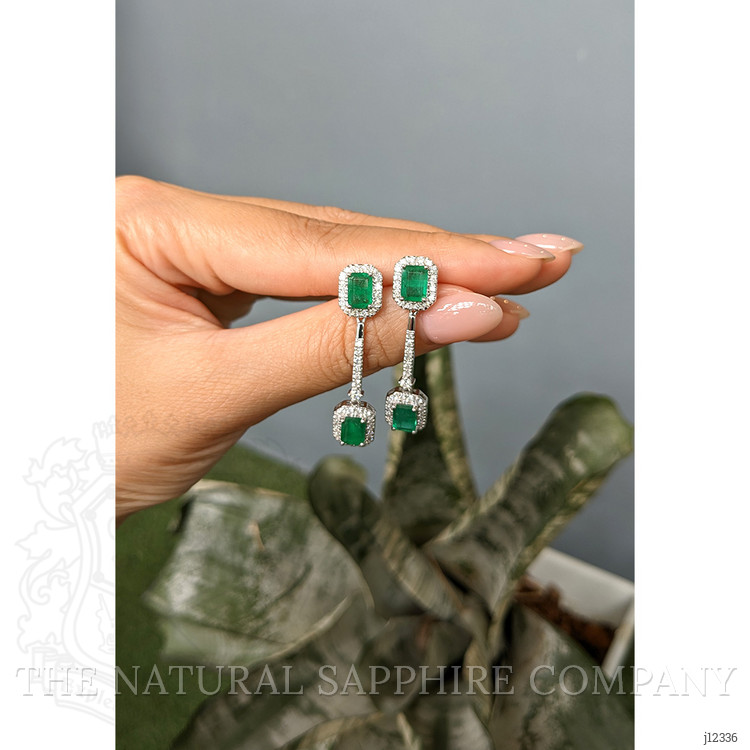 3.68 Ct.Tw. Emerald and Natural Diamond Pave Earrings, 14K White Gold