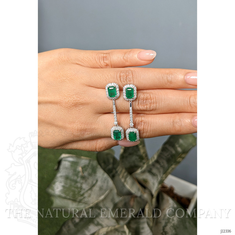 3.68 Ct.Tw. Emerald and Natural Diamond Pave Earrings, 14K White Gold
