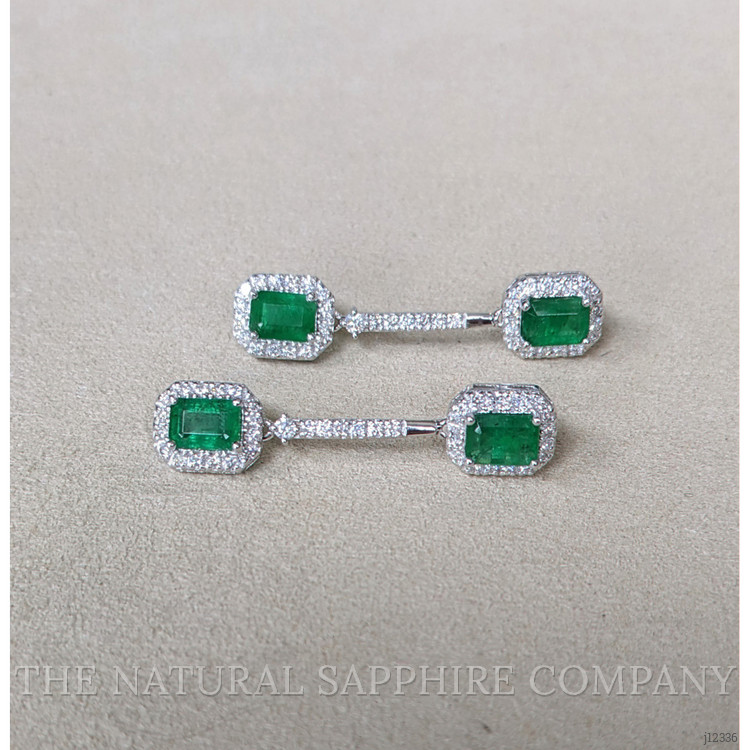 3.68 Ct.Tw. Emerald and Natural Diamond Pave Earrings, 14K White Gold