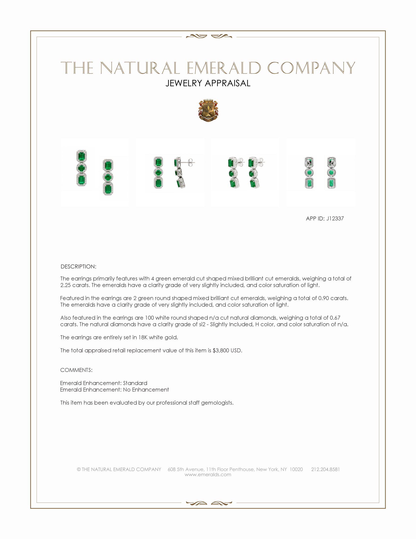 2.25 Ct.Tw. Emerald and Natural Diamond Pave Earrings, 18K White Gold