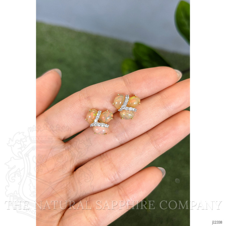 3.62 Ct.Tw. Multi Color Opal and Natural Diamond Studs Earrings, 14K Yellow Gold