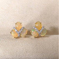 3.62 Ct.Tw.Total Carat Weight Multi Color Opal and Natural Diamond Studs Earrings, 14K Yellow Gold Life Style