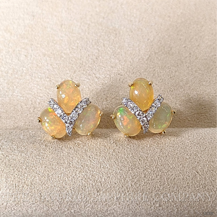 3.62 Ct.Tw. Multi Color Opal and Natural Diamond Studs Earrings, 14K Yellow Gold