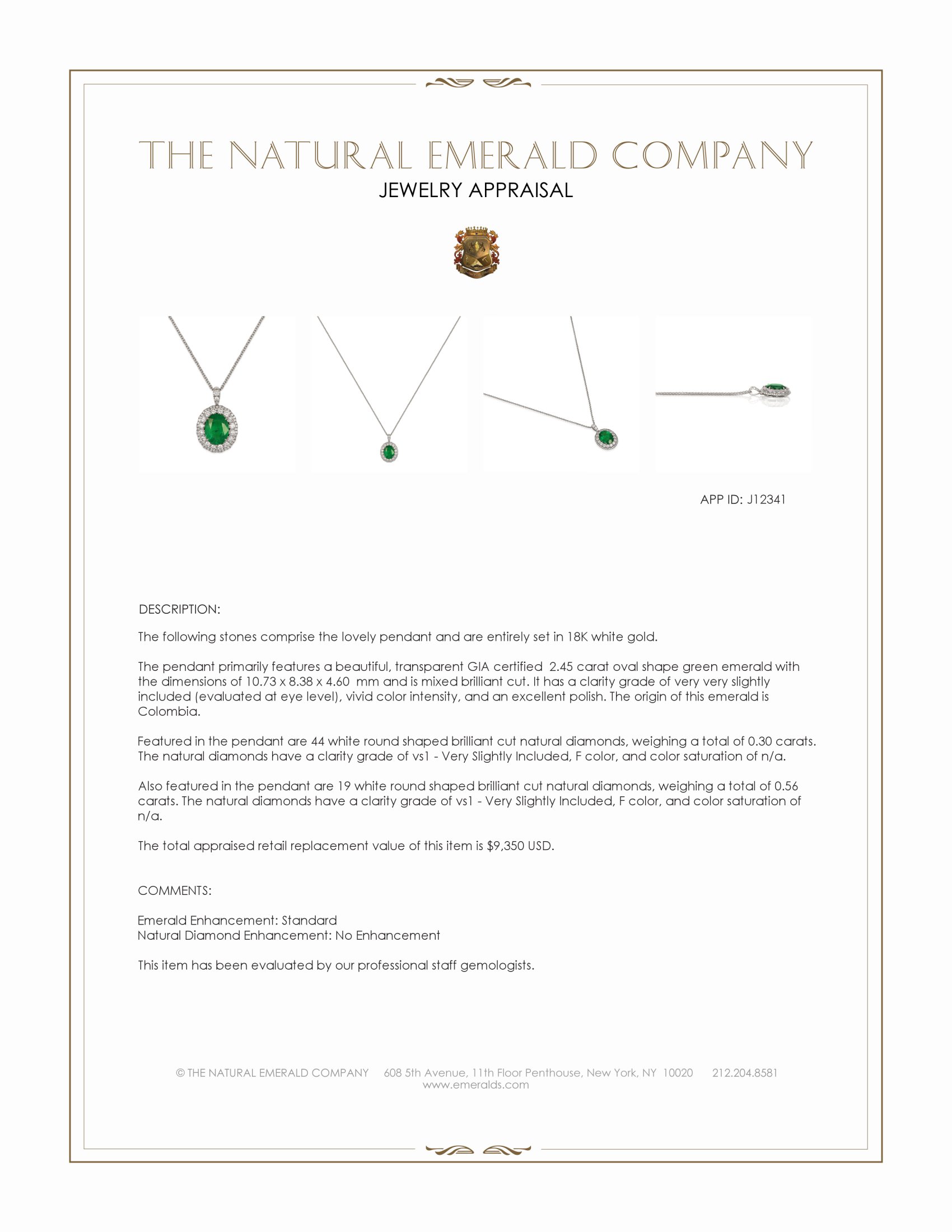 2.45 Ct. Emerald and Natural Diamond Pave Pendant, 18K White Gold