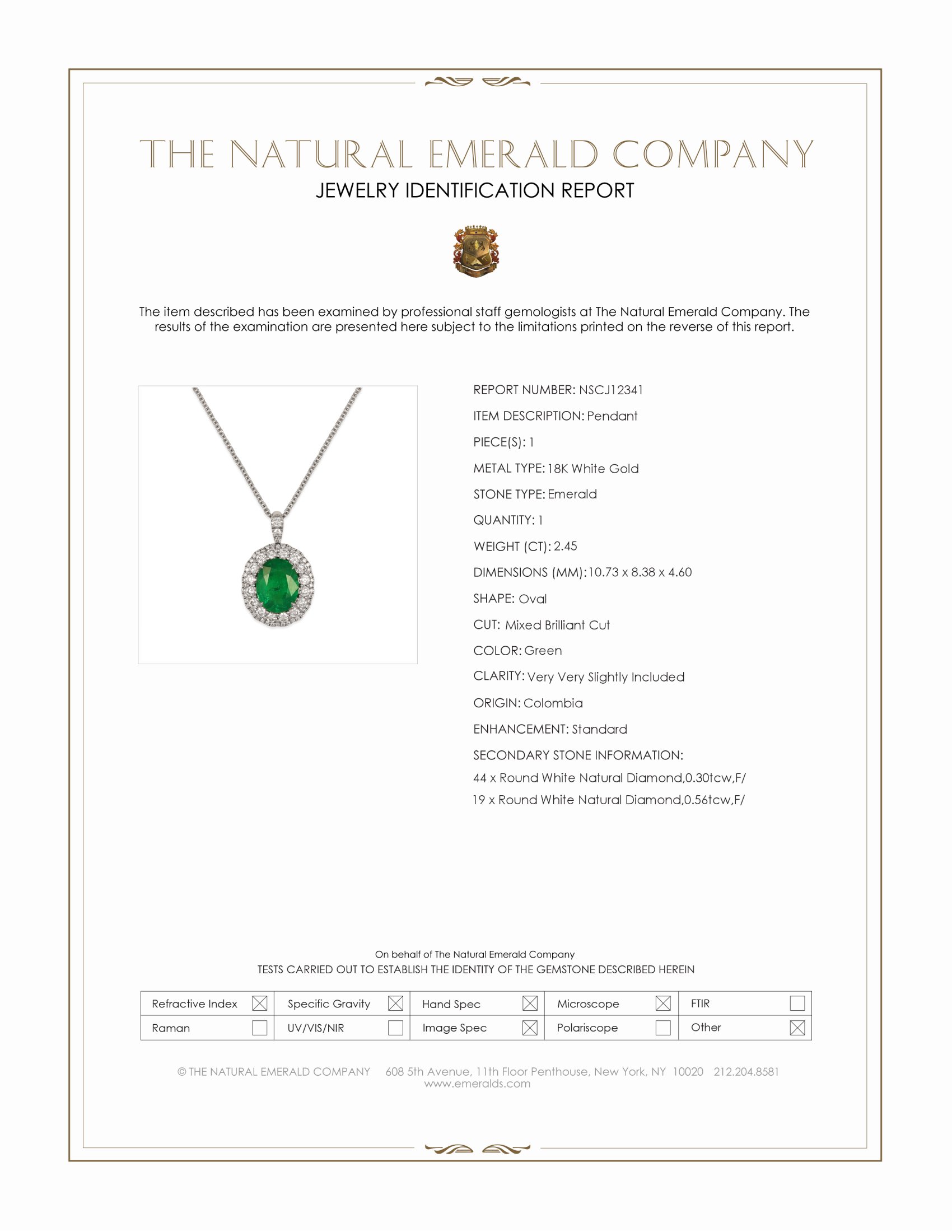 2.45 Ct. Emerald and Natural Diamond Pave Pendant, 18K White Gold