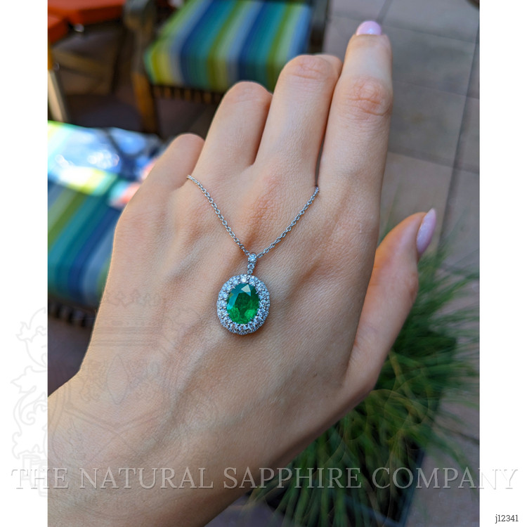 2.45 Ct. Emerald and Natural Diamond Pave Pendant, 18K White Gold
