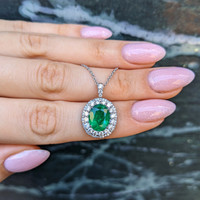2.45 Ct. Emerald and Natural Diamond Pave Pendant, 18K White Gold Life Style