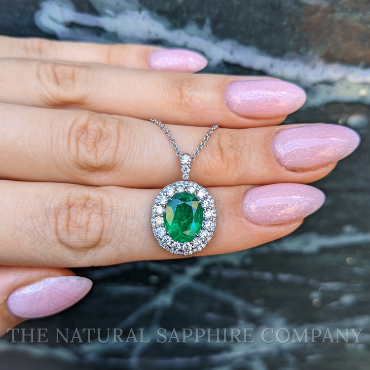 2.45 Ct. Emerald and Natural Diamond Pave Pendant, 18K White Gold