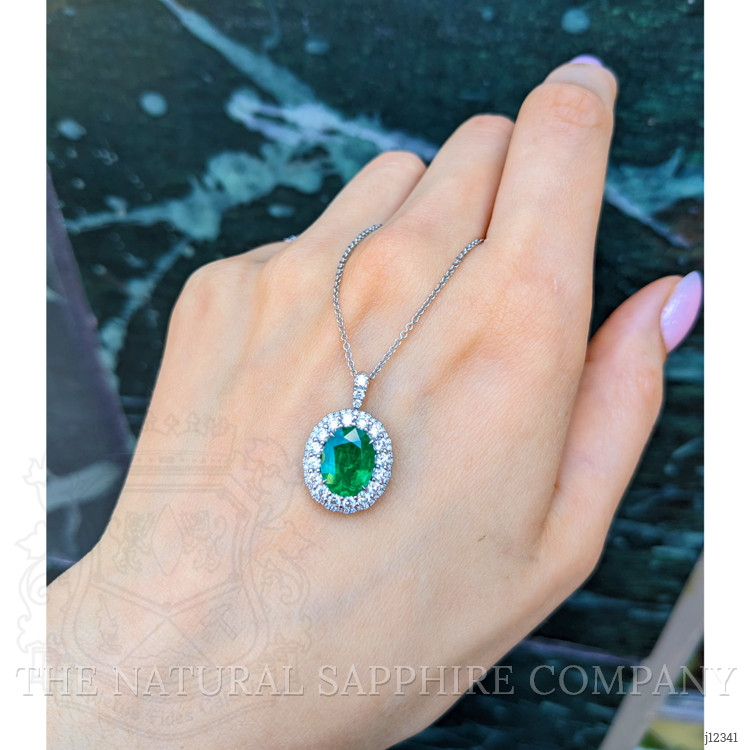 2.45 Ct. Emerald and Natural Diamond Pave Pendant, 18K White Gold
