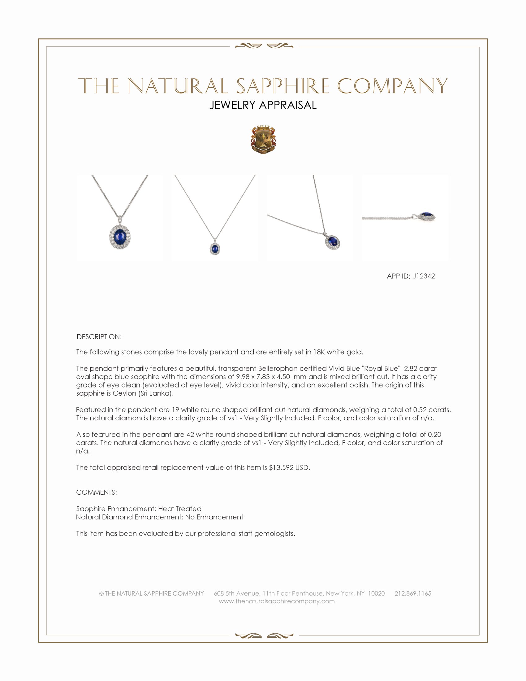 2.82 Ct. Blue Sapphire and Natural Diamond Pave Pendant, 18K White Gold