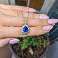 2.82 Ct. Blue Sapphire and Natural Diamond Pave Pendant, 18K White Gold Life Style