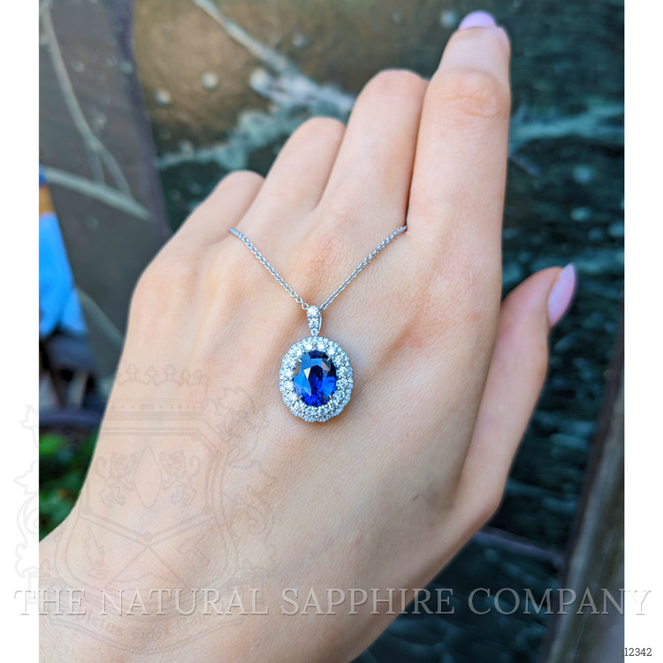 2.82 Ct. Blue Sapphire and Natural Diamond Pave Pendant, 18K White Gold