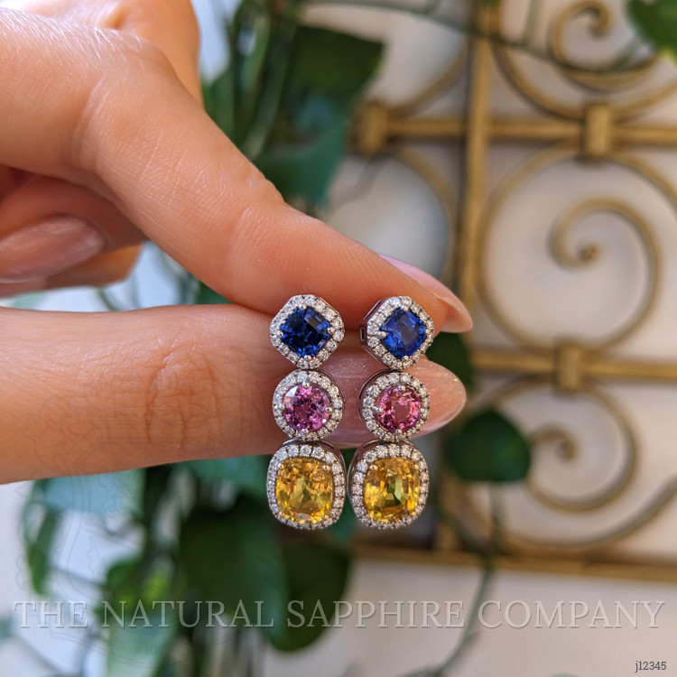 7.40 Ct.Tw. Mixed Sapphire and Natural Diamond Studs Earrings, 18K White & Yellow