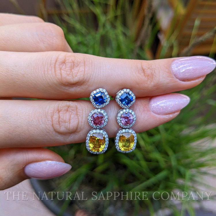 7.40 Ct.Tw. Mixed Sapphire and Natural Diamond Studs Earrings, 18K White & Yellow
