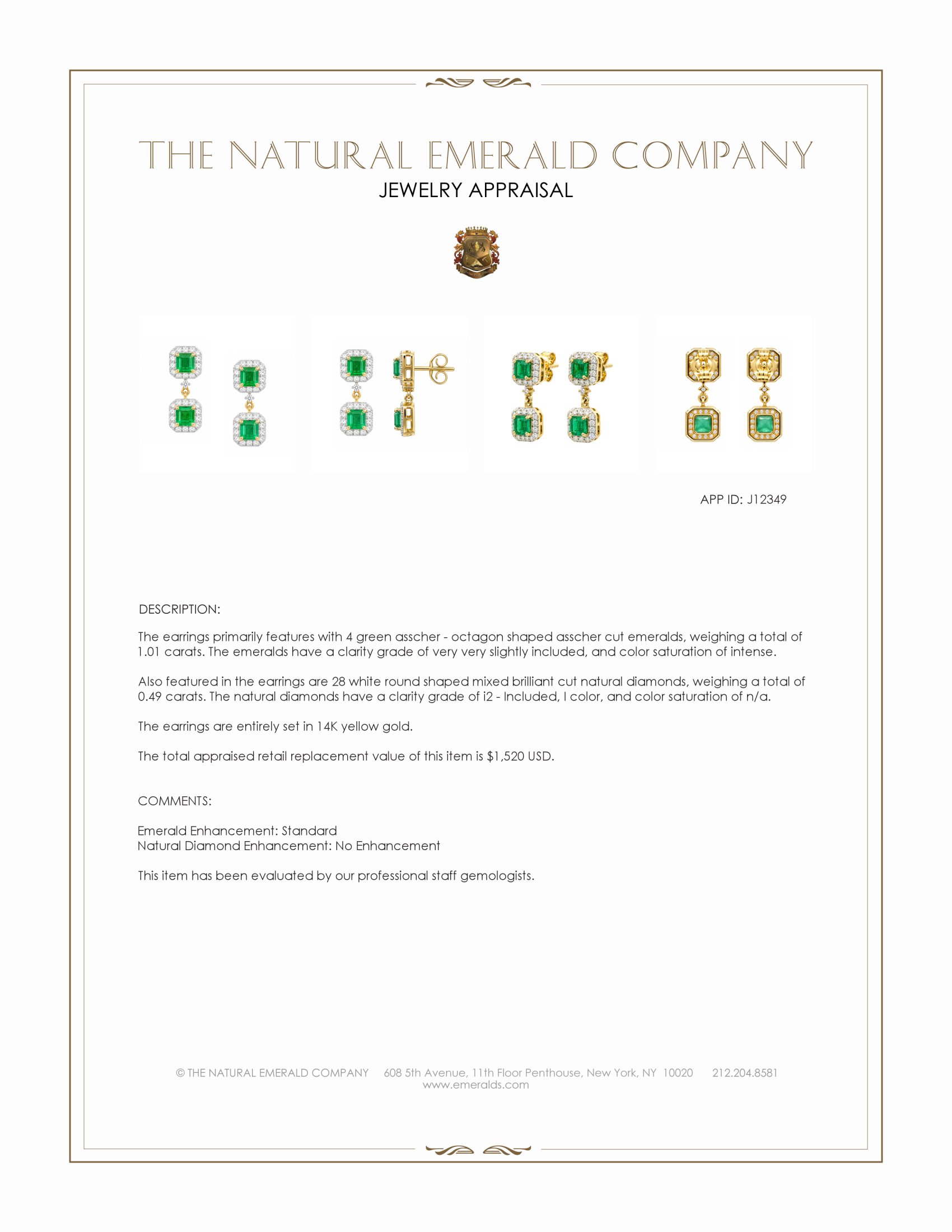 1.01 Ct.Tw. Emerald and Natural Diamond Studs Earrings, 14K Yellow Gold
