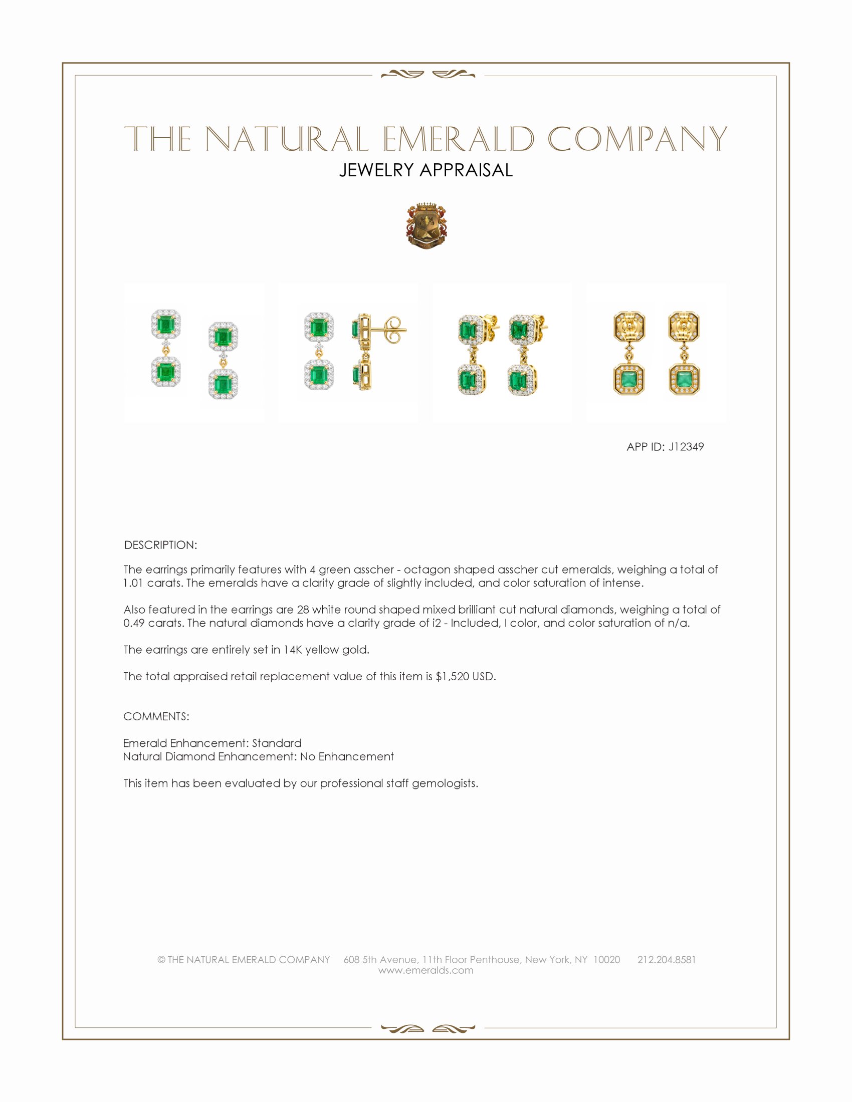 1.01 Ct.Tw. Emerald and Natural Diamond Studs Earrings, 14K Yellow Gold
