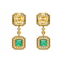1.01 Ct.Tw.Total Carat Weight Emerald and Natural Diamond Studs Earrings, 14K Yellow Gold Image
