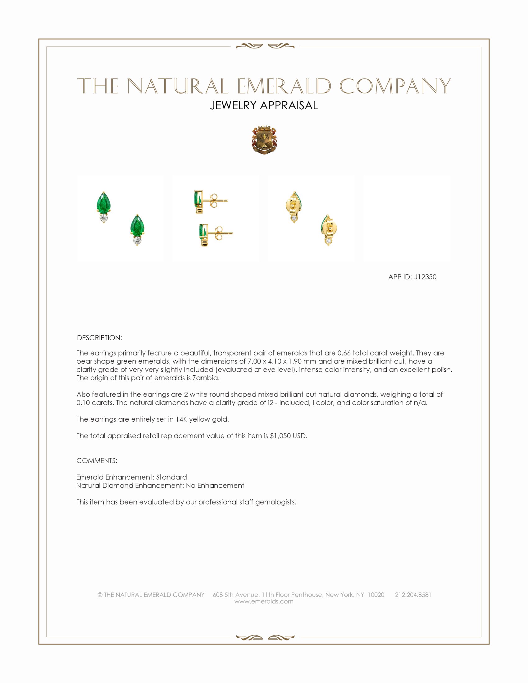 0.66 Ct.Tw. Emerald and Natural Diamond Studs Earrings, 14K Yellow Gold