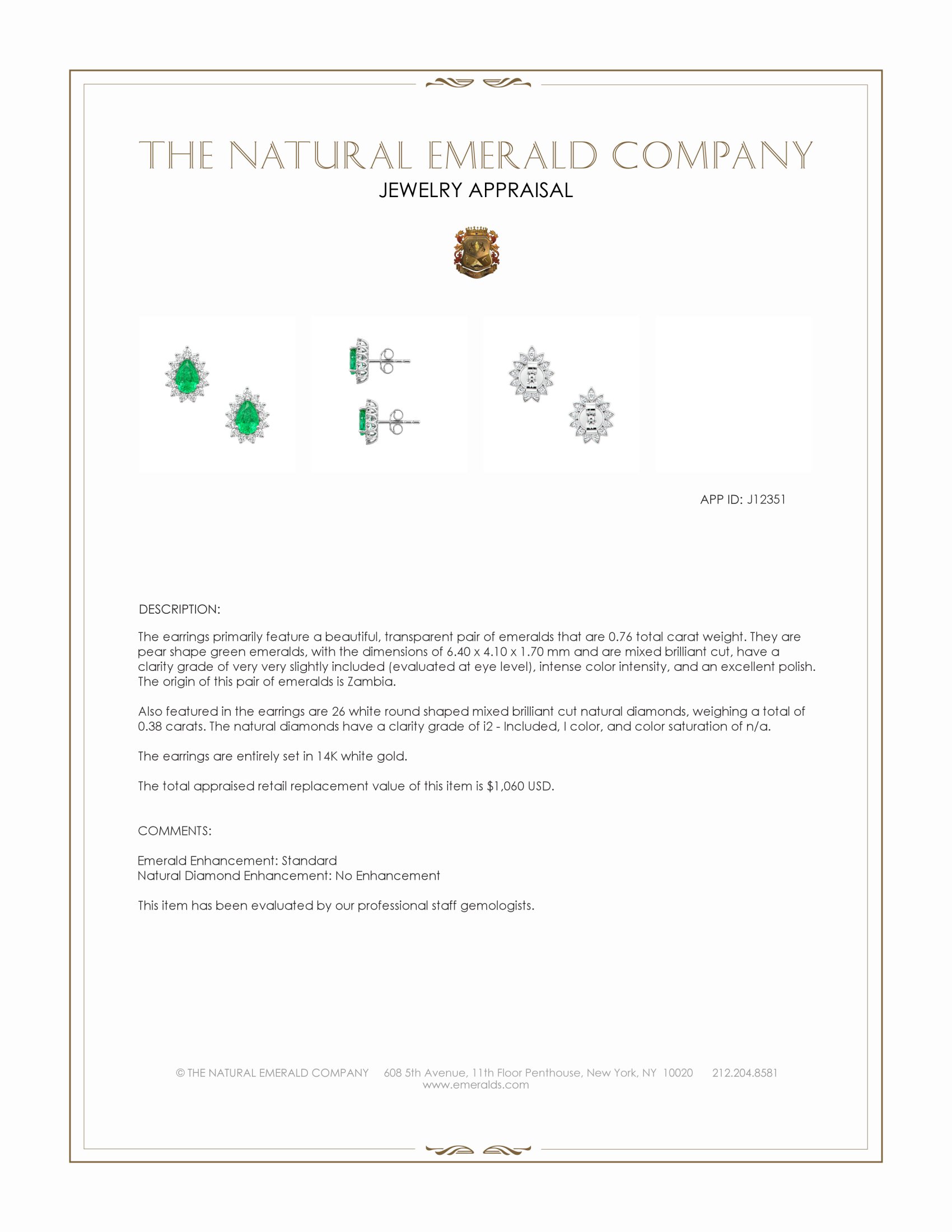 0.76 Ct.Tw. Emerald and Natural Diamond Studs Earrings, 14K White Gold