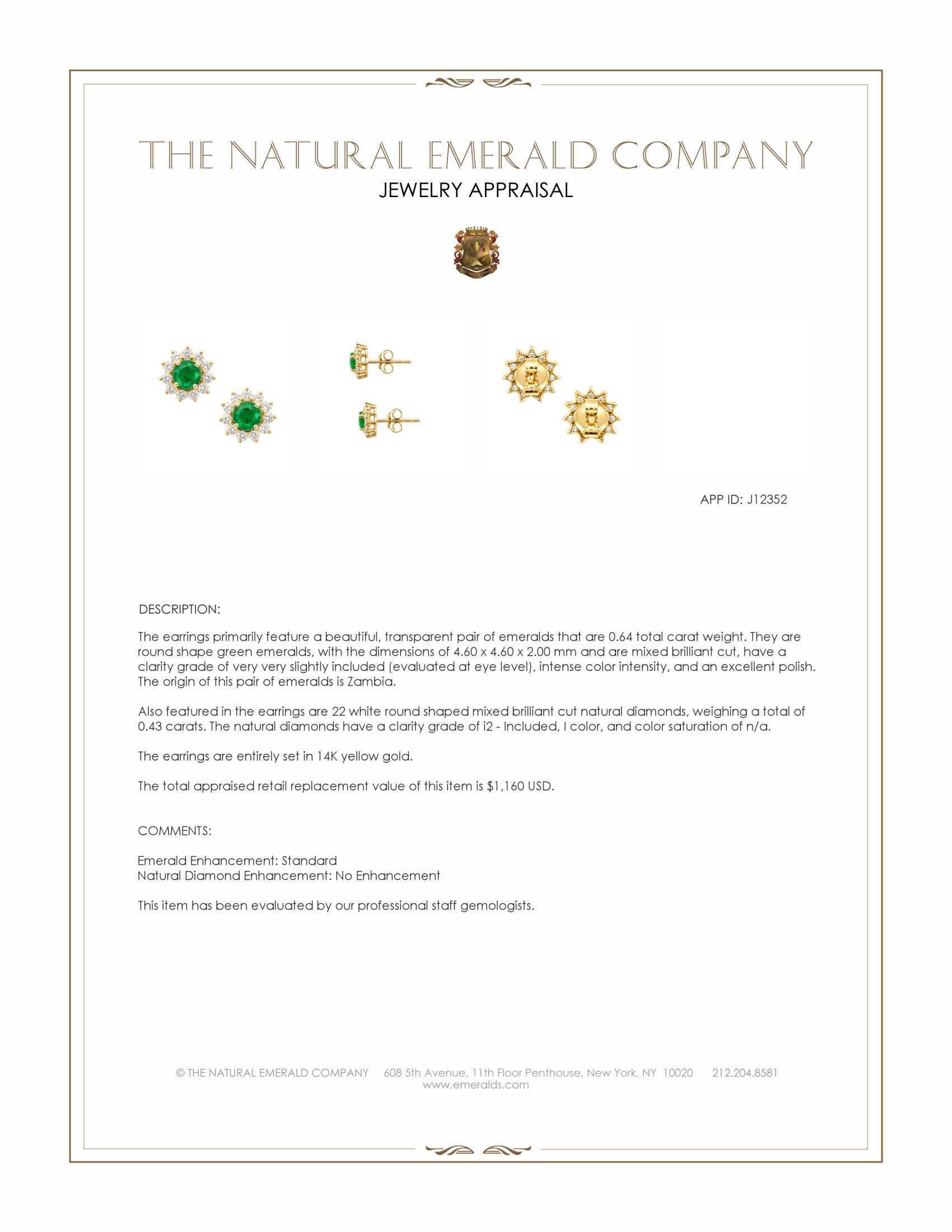 0.64 Ct.Tw. Emerald and Natural Diamond Studs Earrings, 14K Yellow Gold