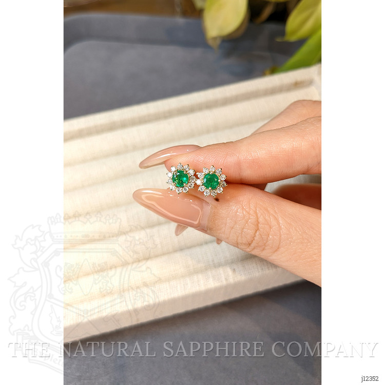 0.64 Ct.Tw. Emerald and Natural Diamond Studs Earrings, 14K Yellow Gold