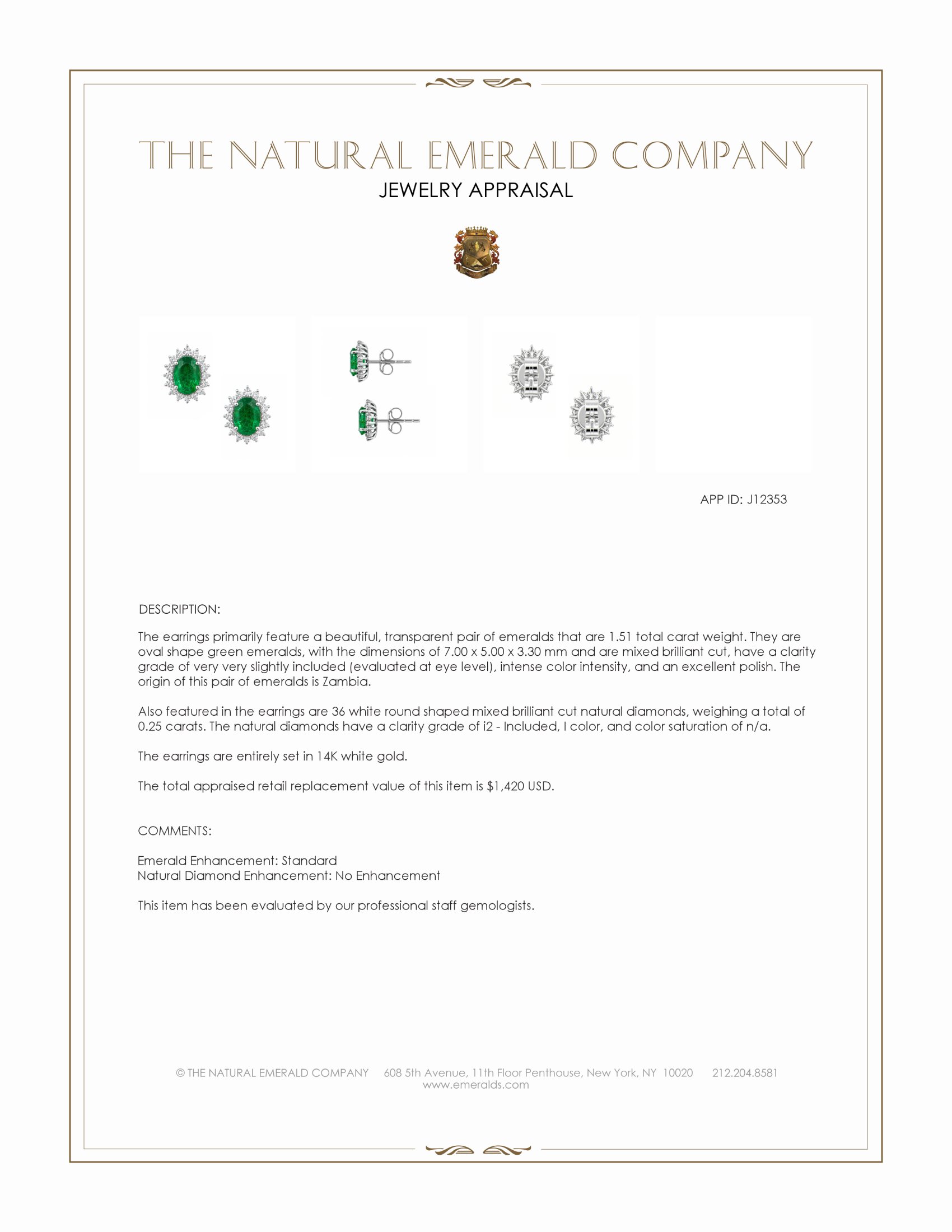 1.51 Ct.Tw. Emerald and Natural Diamond Studs Earrings, 14K White Gold