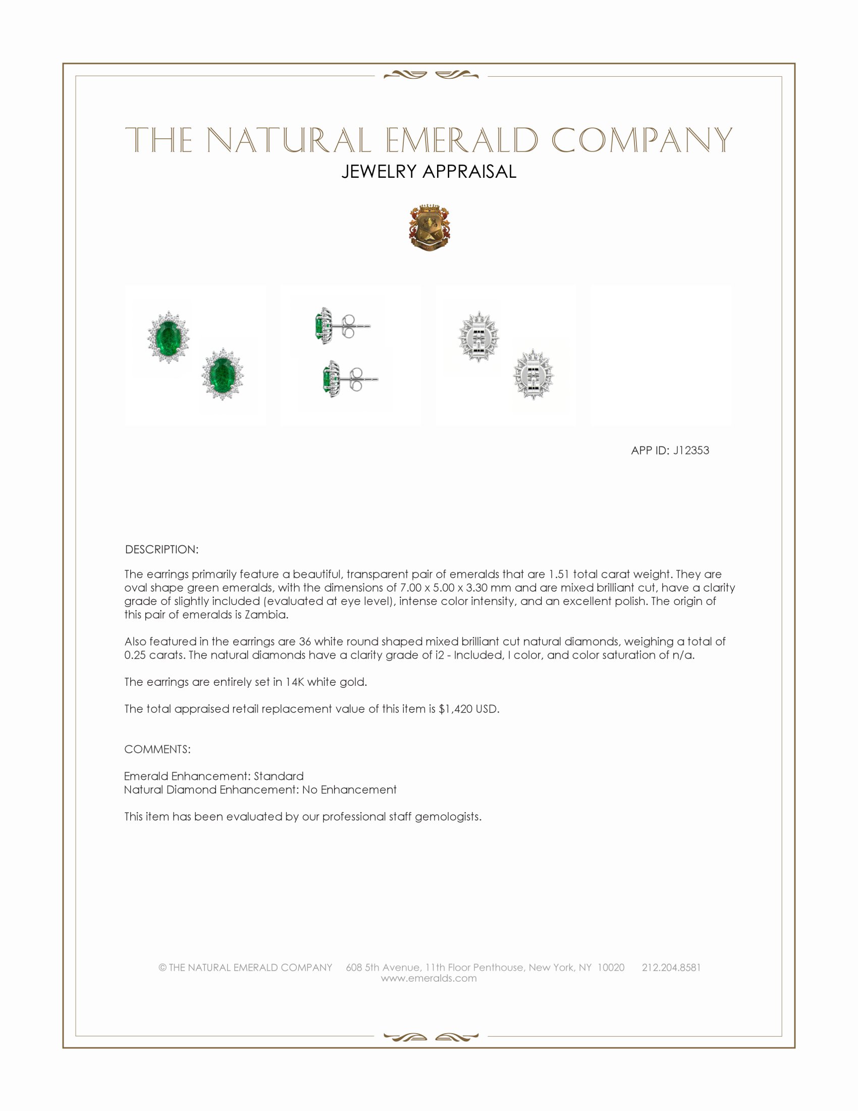 1.51 Ct.Tw. Emerald and Natural Diamond Studs Earrings, 14K White Gold