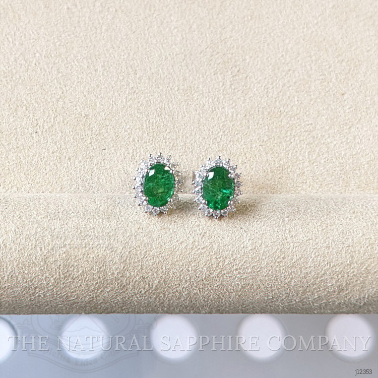 1.51 Ct.Tw. Emerald and Natural Diamond Studs Earrings, 14K White Gold