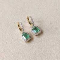 1.50 Ct.Tw.Total Carat Weight Emerald and Natural Diamond Pave Earrings, 14K Yellow Gold Life Style