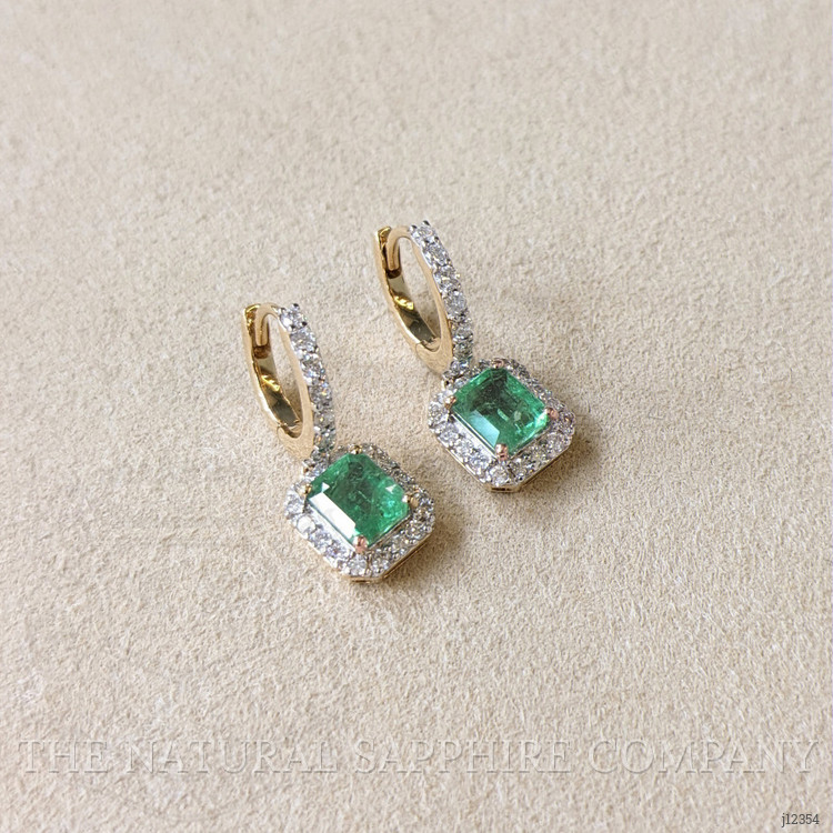 1.50 Ct.Tw. Emerald and Natural Diamond Pave Earrings, 14K Yellow Gold