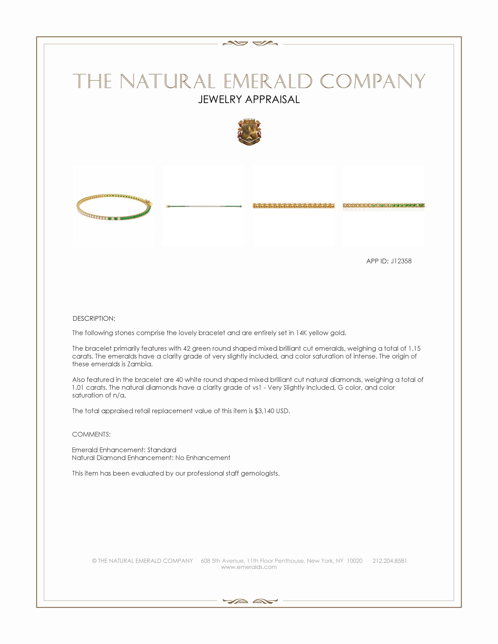 1.15 Ct.Tw. Emerald and Natural Diamond Tennis/Line Bracelet, 14K Yellow Gold