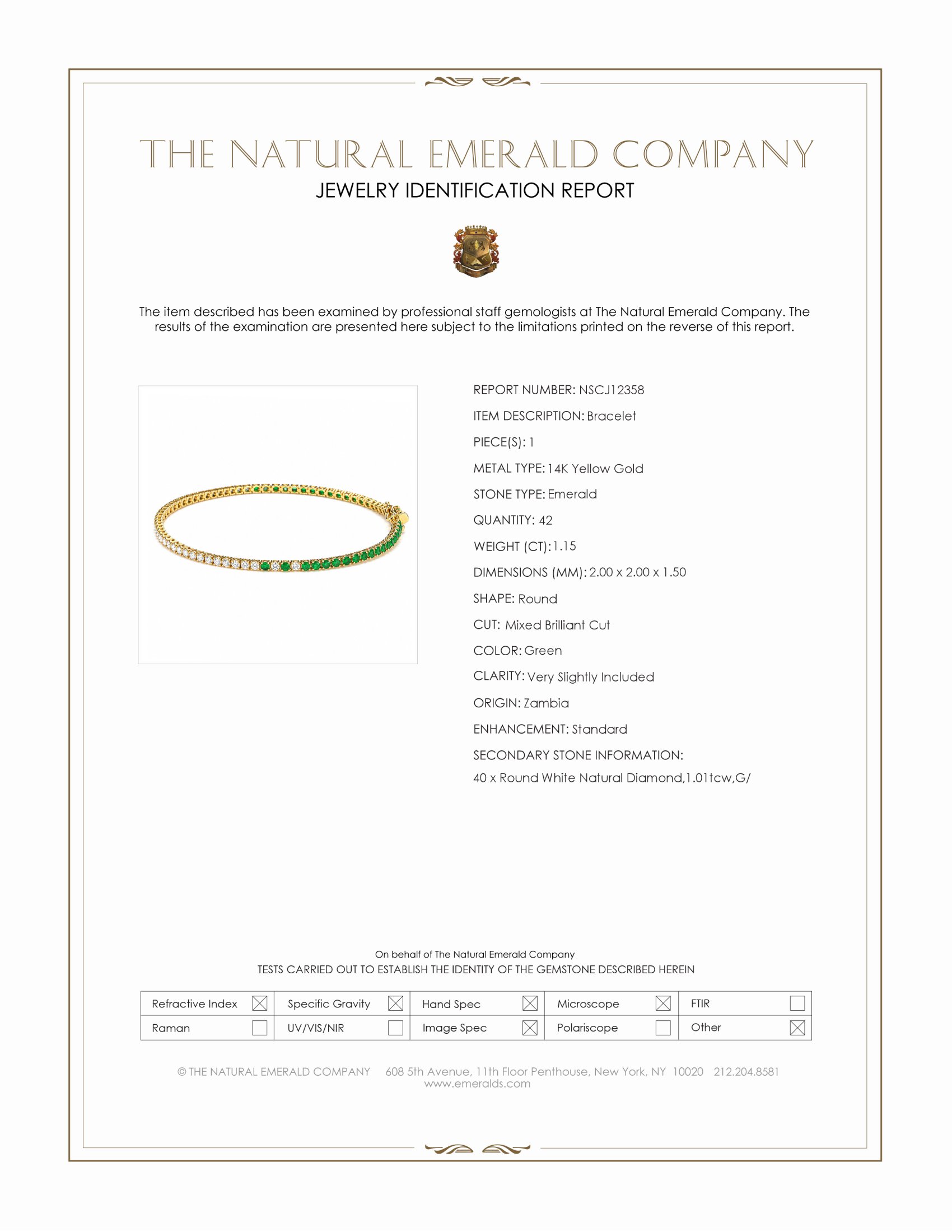 1.15 Ct.Tw. Emerald and Natural Diamond Tennis/Line Bracelet, 14K Yellow Gold