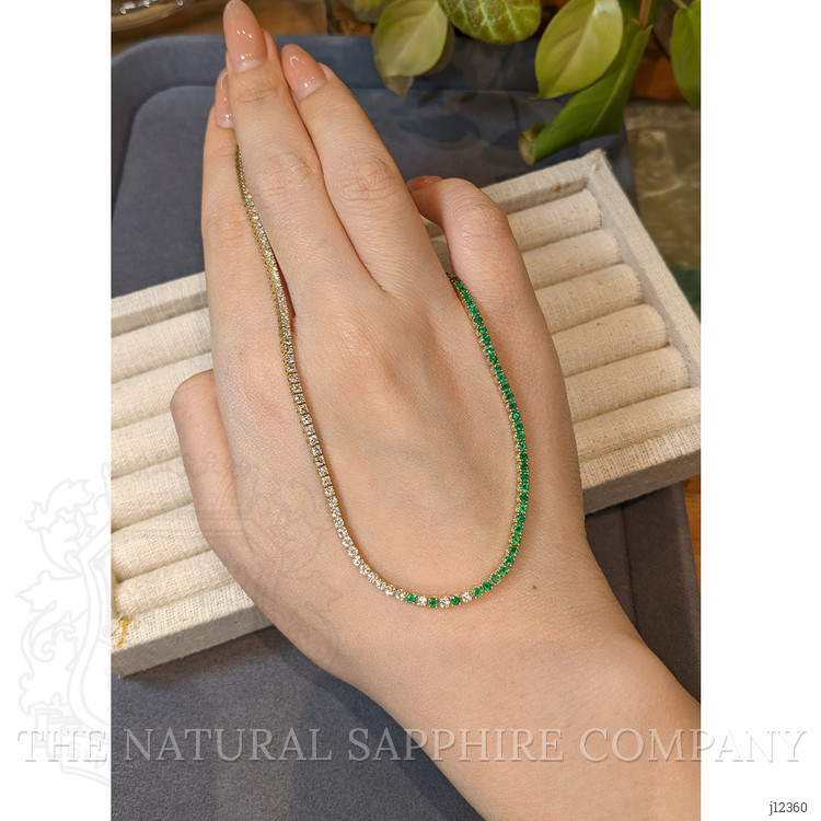 2.85 Ct. Emerald and Natural Diamond Tennis/Riviere Necklace, 14K Yellow Gold