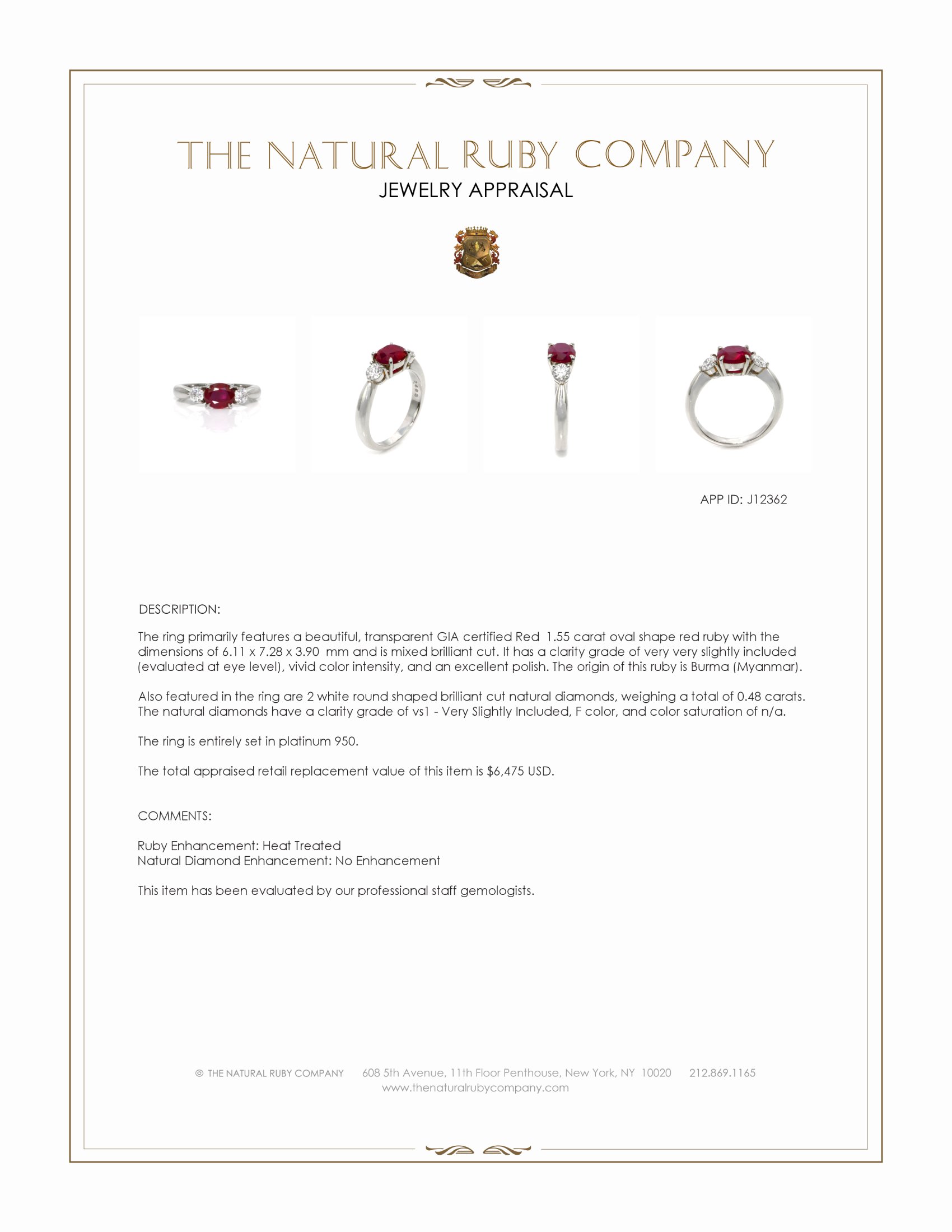 1.55 Ct. Ruby and Natural Diamond Three Stone Ring, Platinum 950