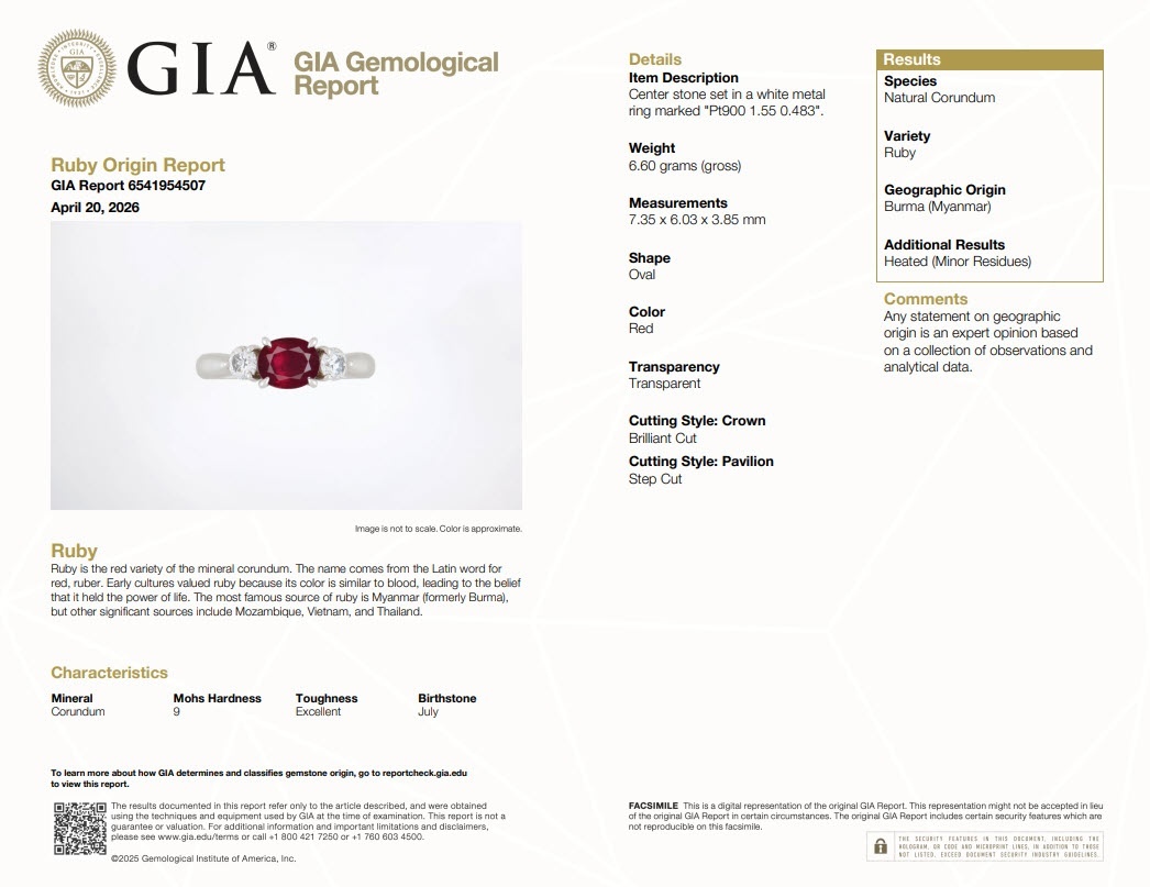 1.55 Ct. Ruby and Natural Diamond Three Stone Ring, Platinum 950