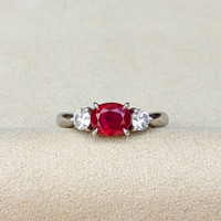 1.55 Ct. Ruby and Natural Diamond Three Stone Ring, Platinum 950 Life Style