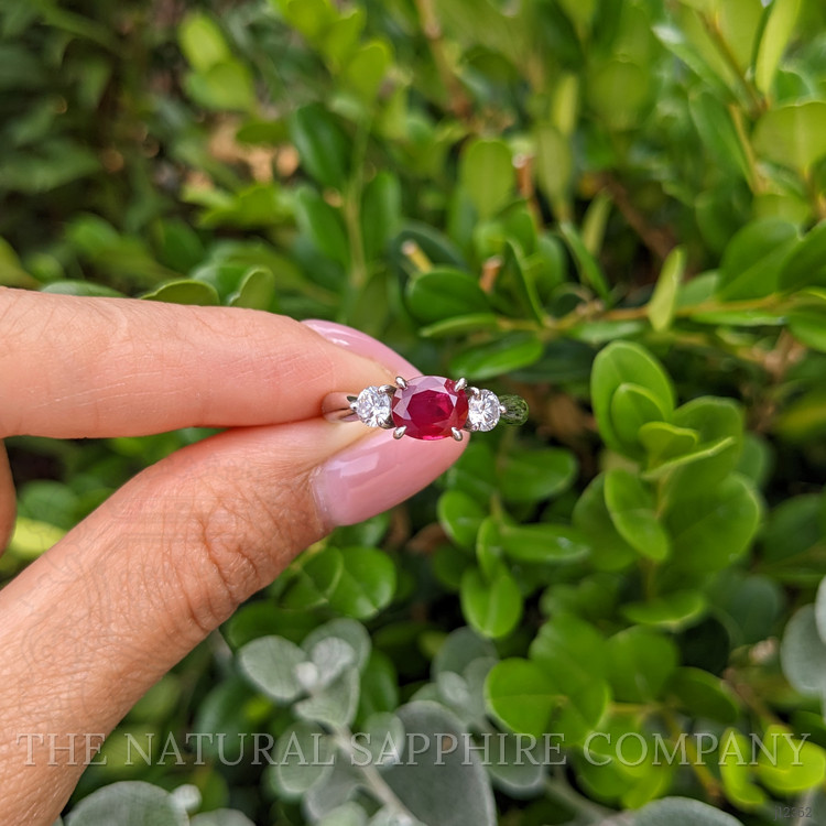 1.55 Ct. Ruby and Natural Diamond Three Stone Ring, Platinum 950