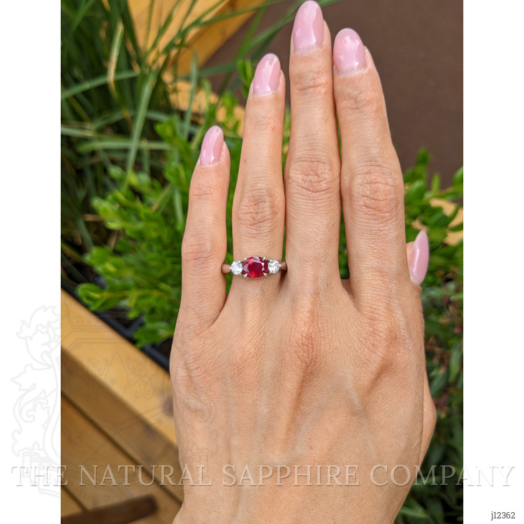1.55 Ct. Ruby and Natural Diamond Three Stone Ring, Platinum 950