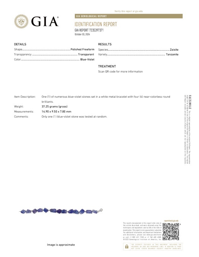 108.83 Ct.Tw. Violetish Blue Tanzanite and Natural Diamond Accent Stones Bracelet, 18K White Gold